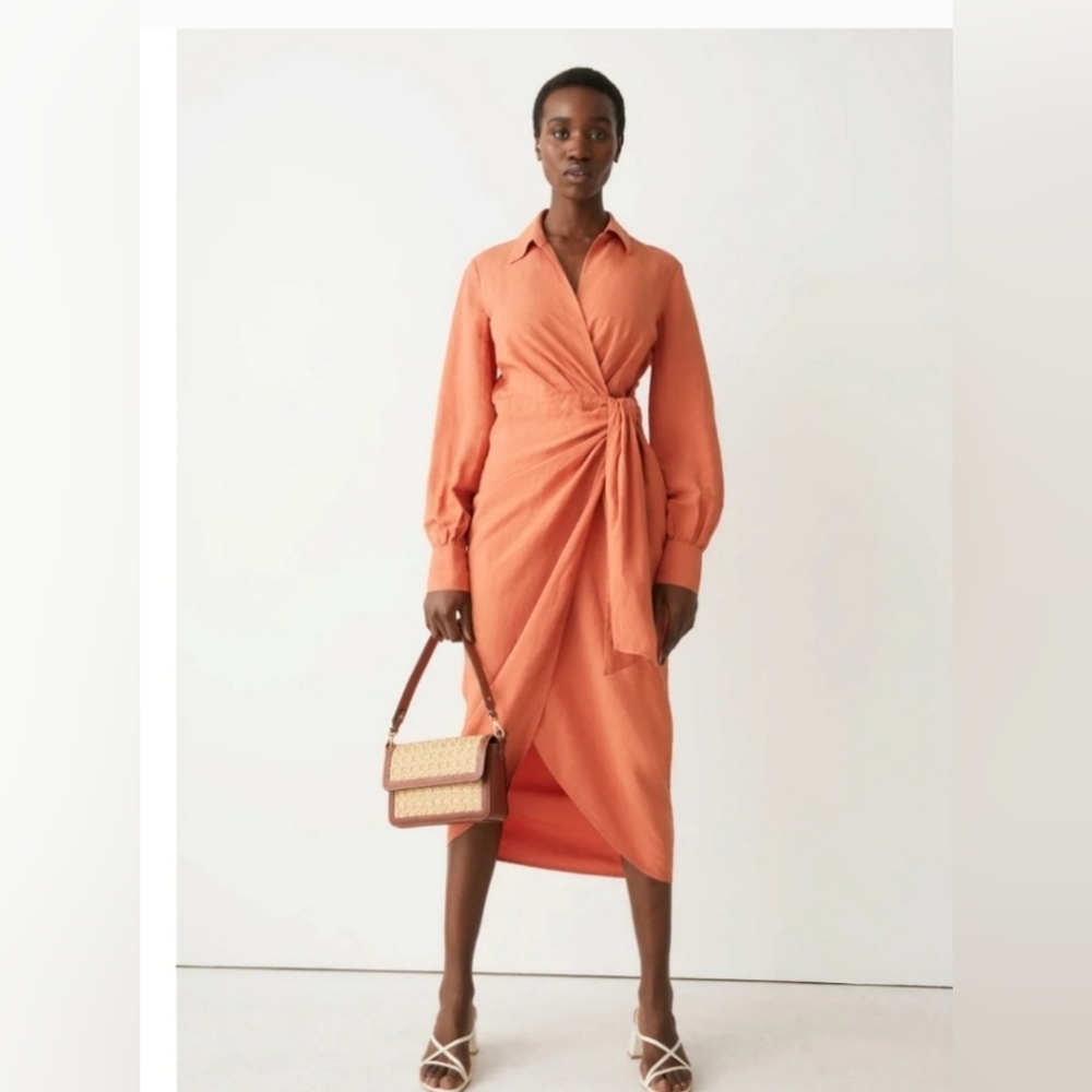 & Other Stories Collared Linen Blend Wrap Midi Dress in Rust